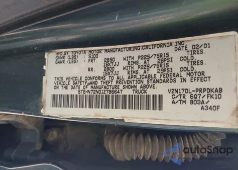 2001 Toyota Tacoma Base V6 из США, поврежденный, VIN 5TEHN72N01Z786647